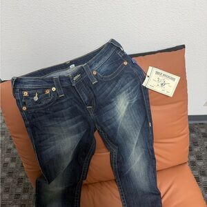 True Religion Women’s Slim Straight Jeans in Dark Blue Denim